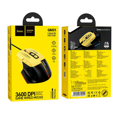 Front and back views of the Hoco GM31 wired gaming mouse packaging box, featuring a bright yellow design with a photo of the yellow and black mouse on the front and product specifications on the back.