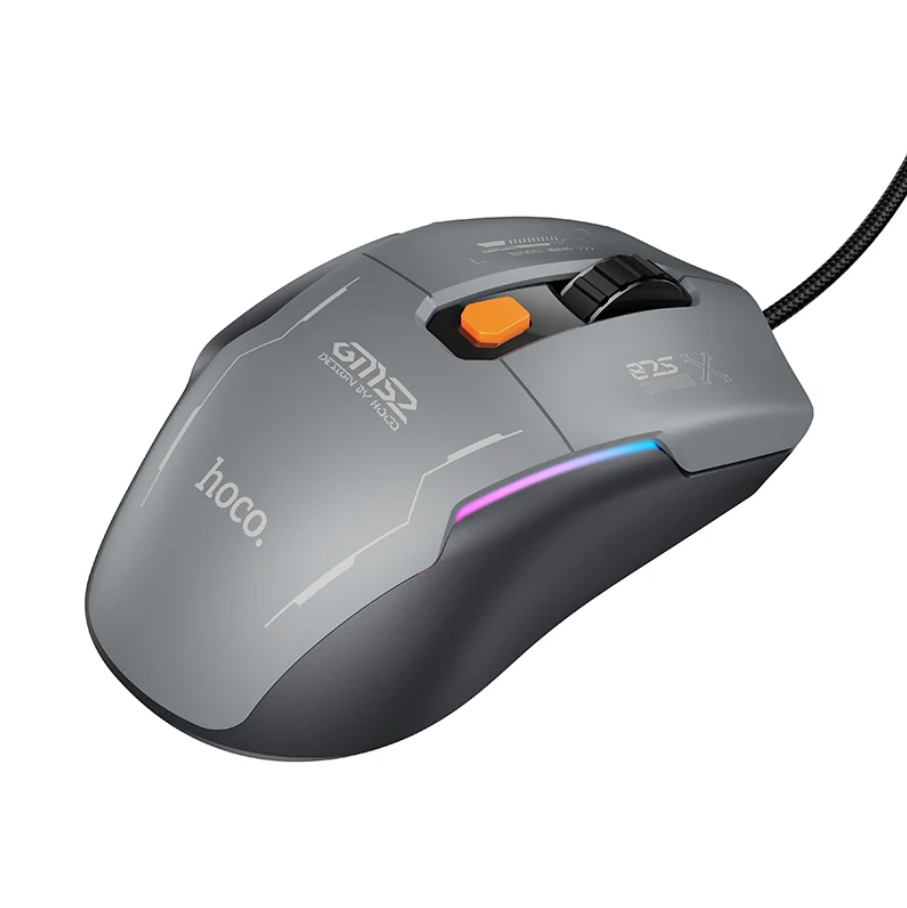A gray and black Hoco gaming mouse with an orange scroll wheel, RGB lighting strip, and a black cable, shown on a white background.