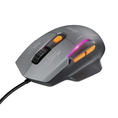 A gray gaming mouse with orange buttons and a pink LED light strip, shown on a white background with a black cable extending from the left.