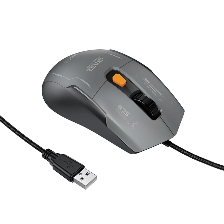 A gray and black gaming mouse with an orange scroll wheel and a black USB cable, shown on a clean white background.