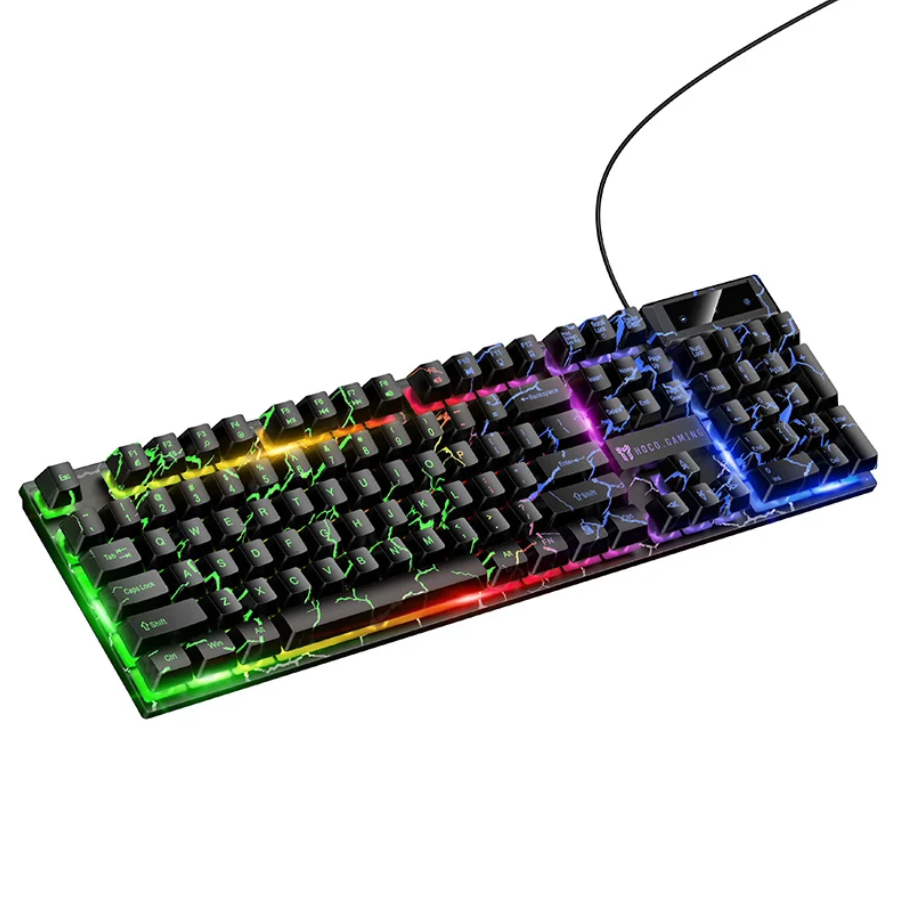 A black mechanical gaming keyboard with vibrant RGB lightning-bolt style backlighting in multiple colors, shown from a high angle on a white background.