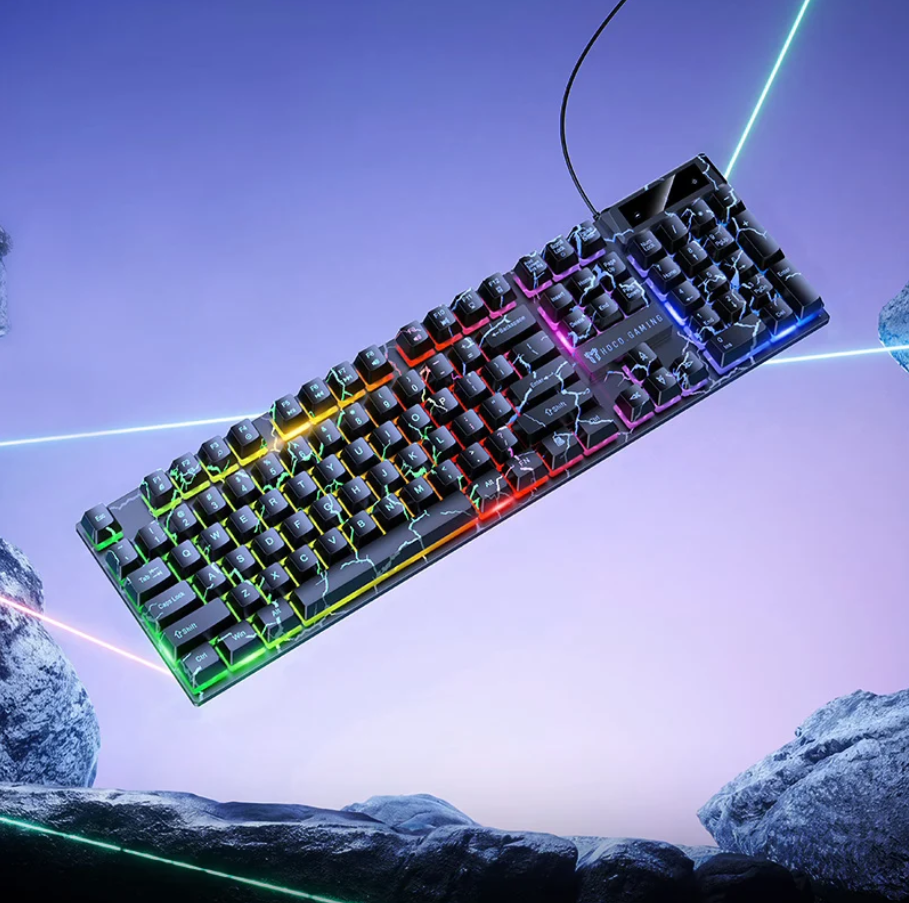 A black mechanical keyboard with vibrant RGB backlighting, shown floating diagonally against a stylized purple and blue background with glowing neon lines and rocky terrain.
