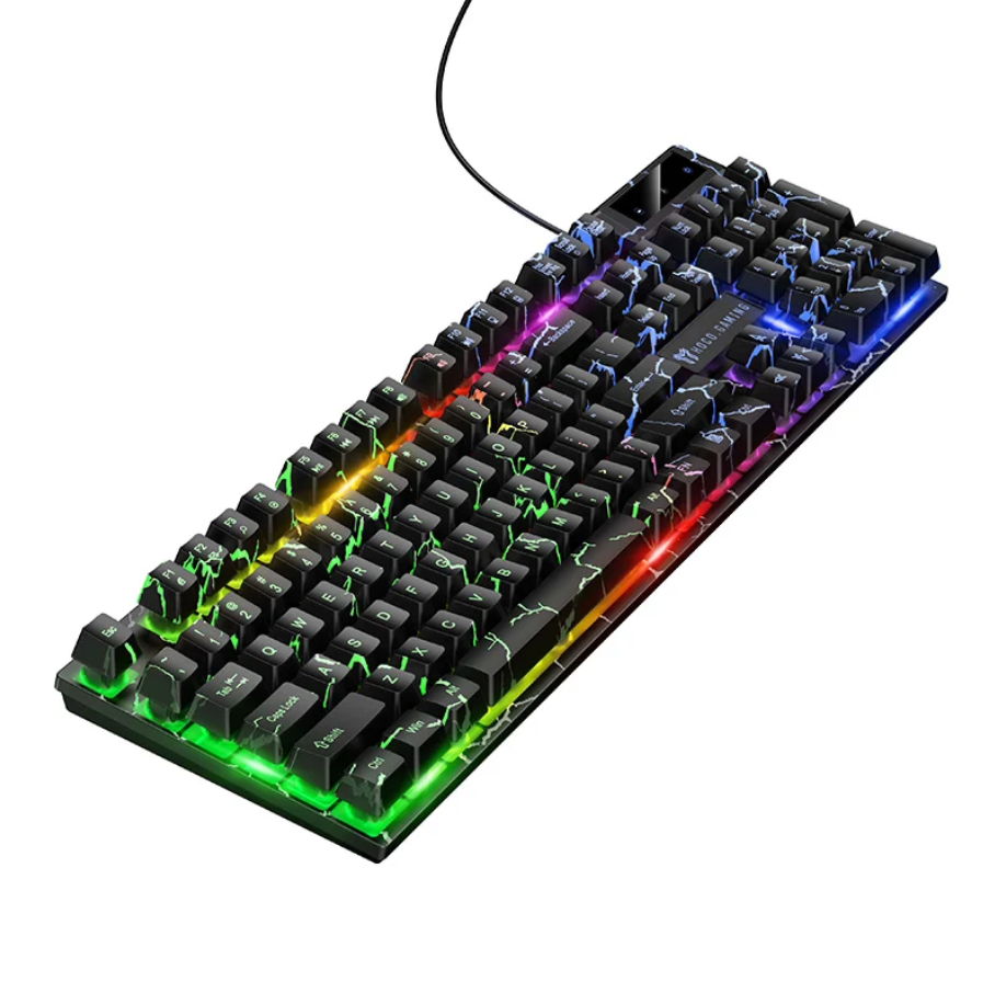 A black mechanical gaming keyboard with RGB rainbow backlighting, shown at an angle on a plain white background.