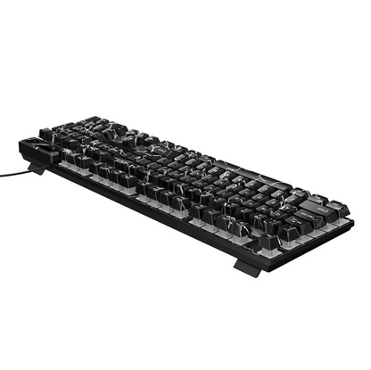 A black mechanical gaming keyboard with a wired connection, shown at an angle on a solid white background.