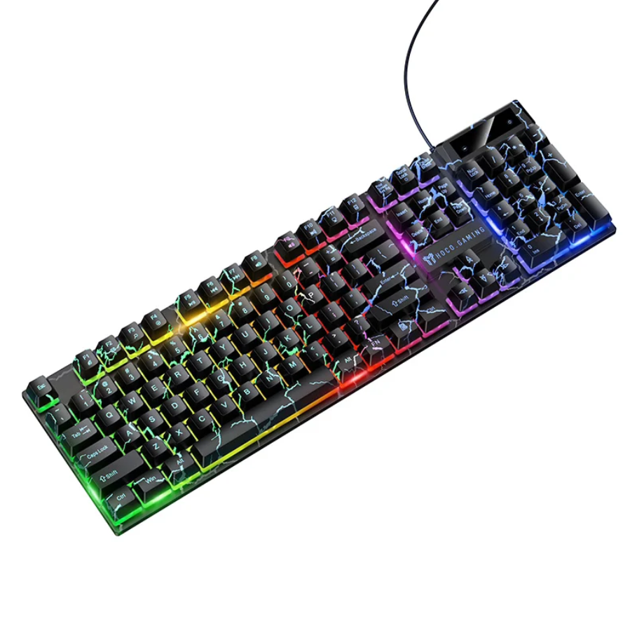 A black mechanical gaming keyboard with vibrant RGB rainbow backlighting, shown at an angle on a solid white background.