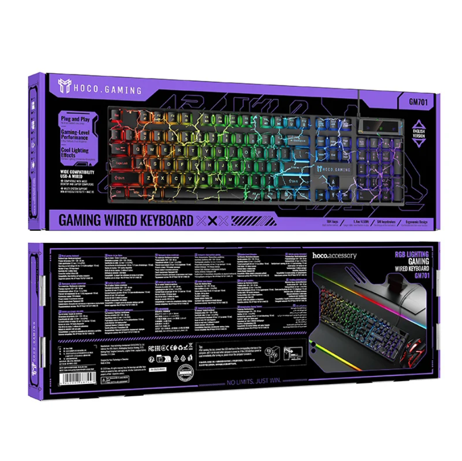 Front and back views of the HOCO GAMING CM/N10 gaming wired keyboard box, featuring a purple and black design with a glowing RGB keyboard graphic.