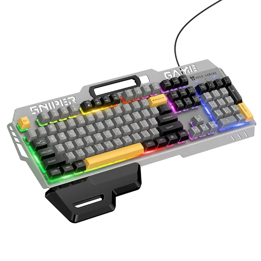 A gray mechanical gaming keyboard with black keycaps, RGB rainbow backlighting, and a black wrist rest, shown on a plain white background.