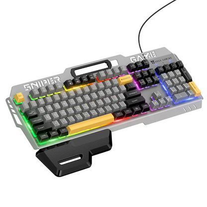 A gray mechanical gaming keyboard with black keycaps, RGB rainbow backlighting, and a black wrist rest, shown on a plain white background.