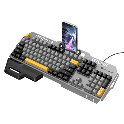 A gray and black gaming keyboard with yellow accent keys, featuring a phone dock and a smartphone shown on top, isolated on a white background.