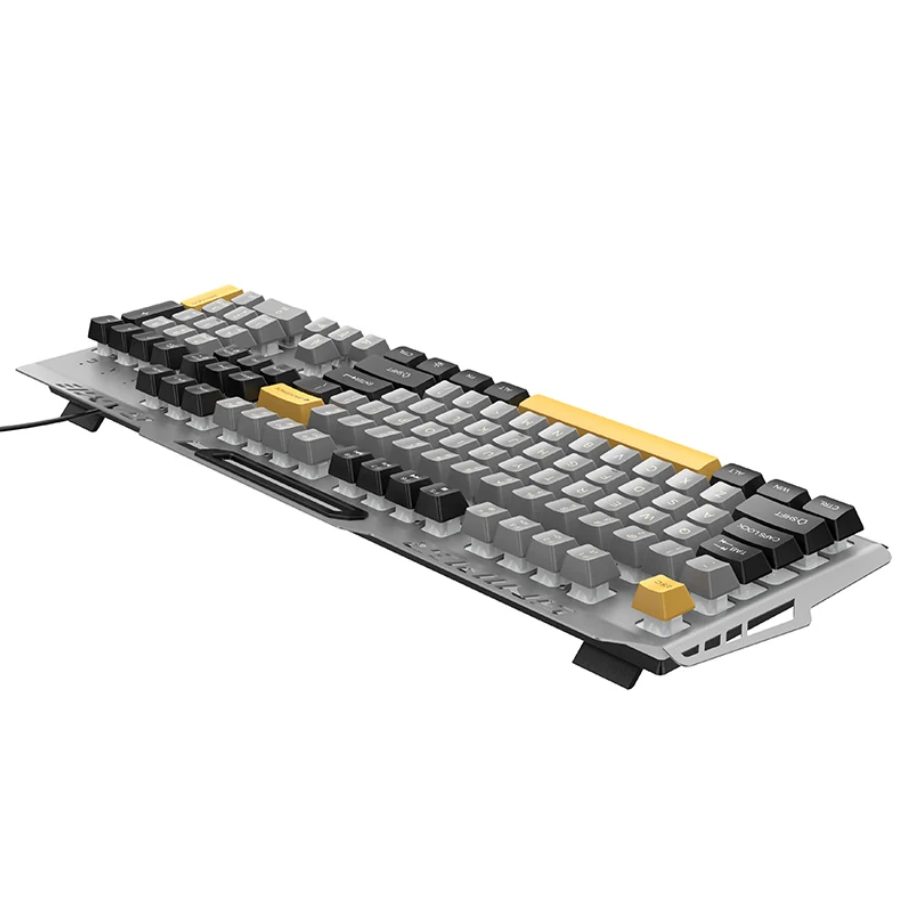 A mechanical gaming keyboard with a silver aluminum chassis, featuring black and gray keycaps, a yellow accent strip, and gold escape/enter keys, shown on a plain white background.