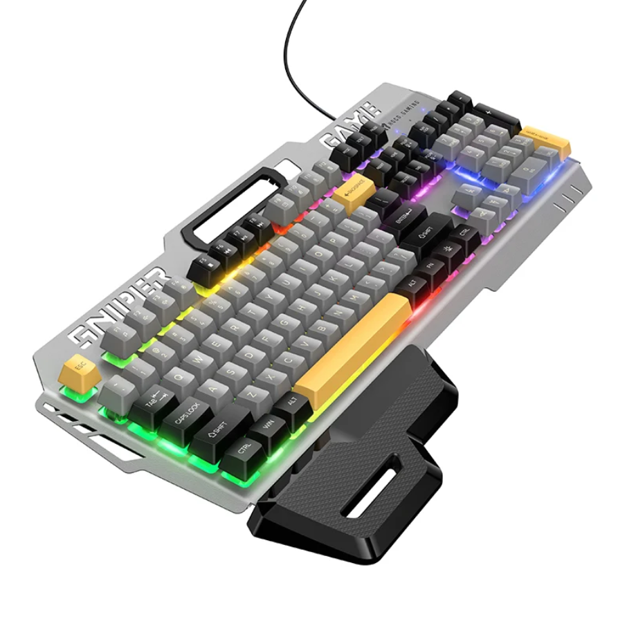 A silver and black mechanical gaming keyboard with RGB backlighting, featuring a wrist rest and a black cable, shown on a solid white background.
