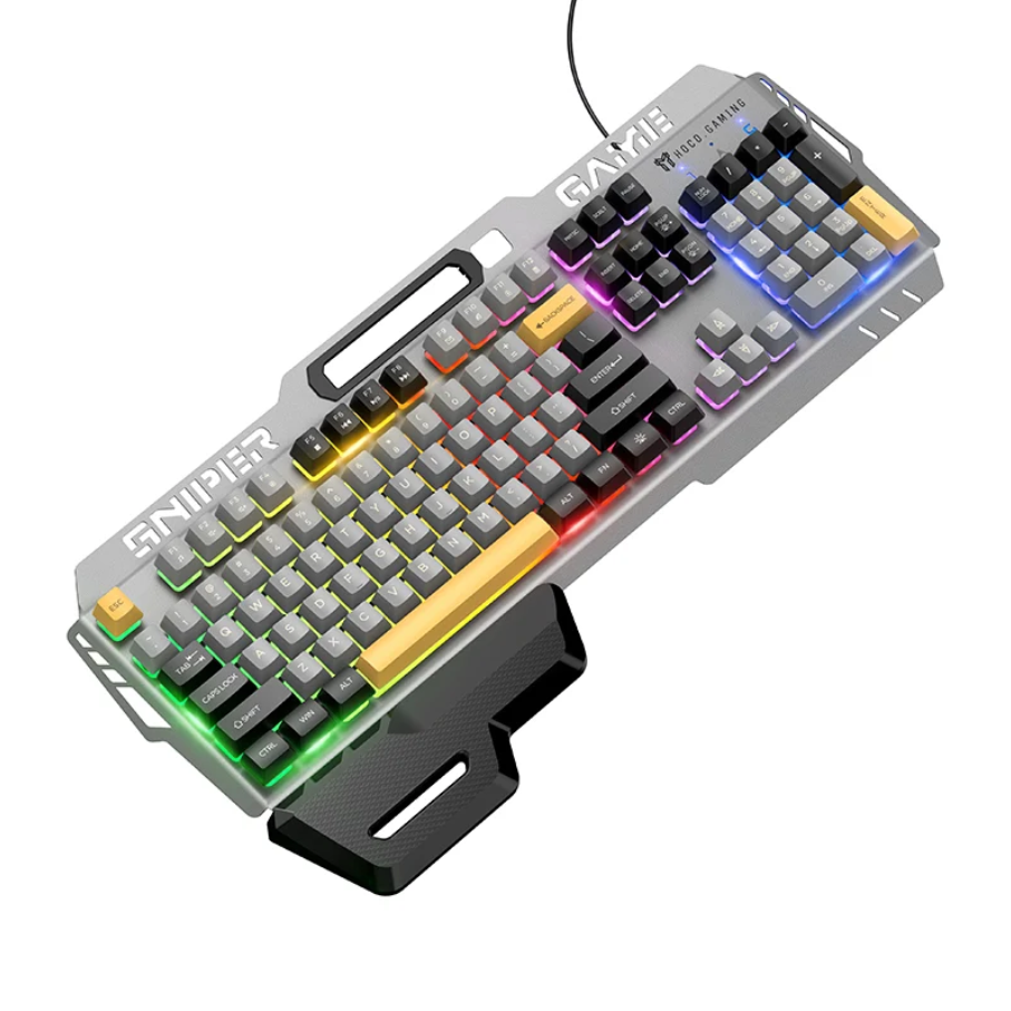 A silver and black gaming keyboard with RGB backlighting, featuring a wrist rest and the words 'SNIPER' and 'GAME' on the top plate, shown on a white background.