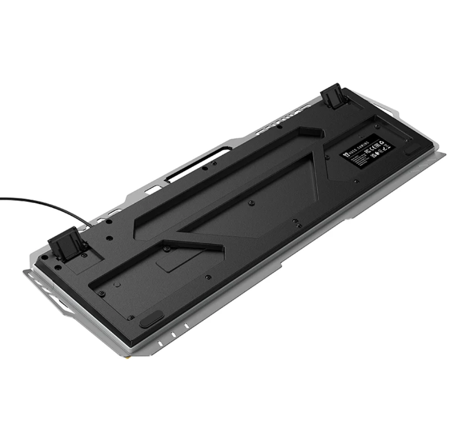 The underside of a mechanical keyboard showing the black switch plate, mounting slots, cable entry points, and a small specification label, photographed on a white background.