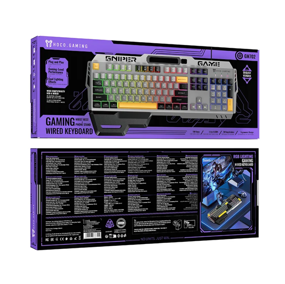 Hoco Gaming Sniper Wired Keyboard retail packaging, showing both the front and back of the box on a plain white background.