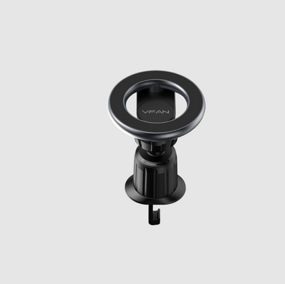 A matte black VFan car windshield mount with a circular magnetic phone holder and adjustable neck, shown on a solid white background.
