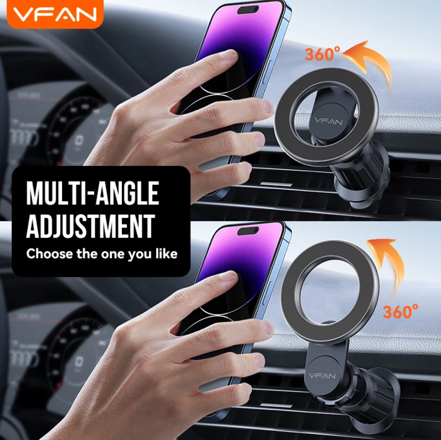VFAN multi-angle car phone mount shown in two stacked views, mounted on a dashboard air vent with a hand holding a smartphone to demonstrate use. The image includes text reading 'MULTI-ANGLE ADJUSTMENT', 'Choose the one you like', and '360°' arrows indicating rotation.