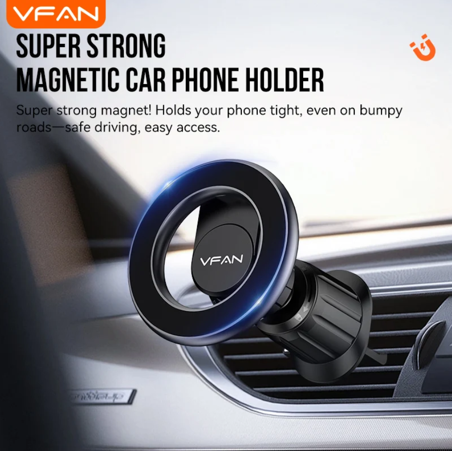 VFAN magnetic car phone holder mounted on a car air vent, with promotional text highlighting its strong magnetic hold and phone compatibility.