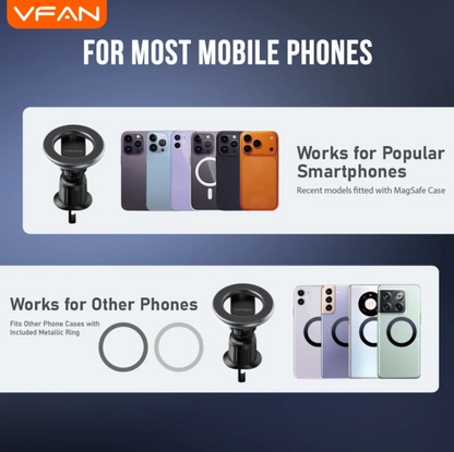 Promotional graphic for a VFAN phone case adapter showing the product on a dark blue gradient background, with text stating 'FOR MOST MOBILE PHONES' and two sections demonstrating compatibility with popular smartphones and other phone cases.