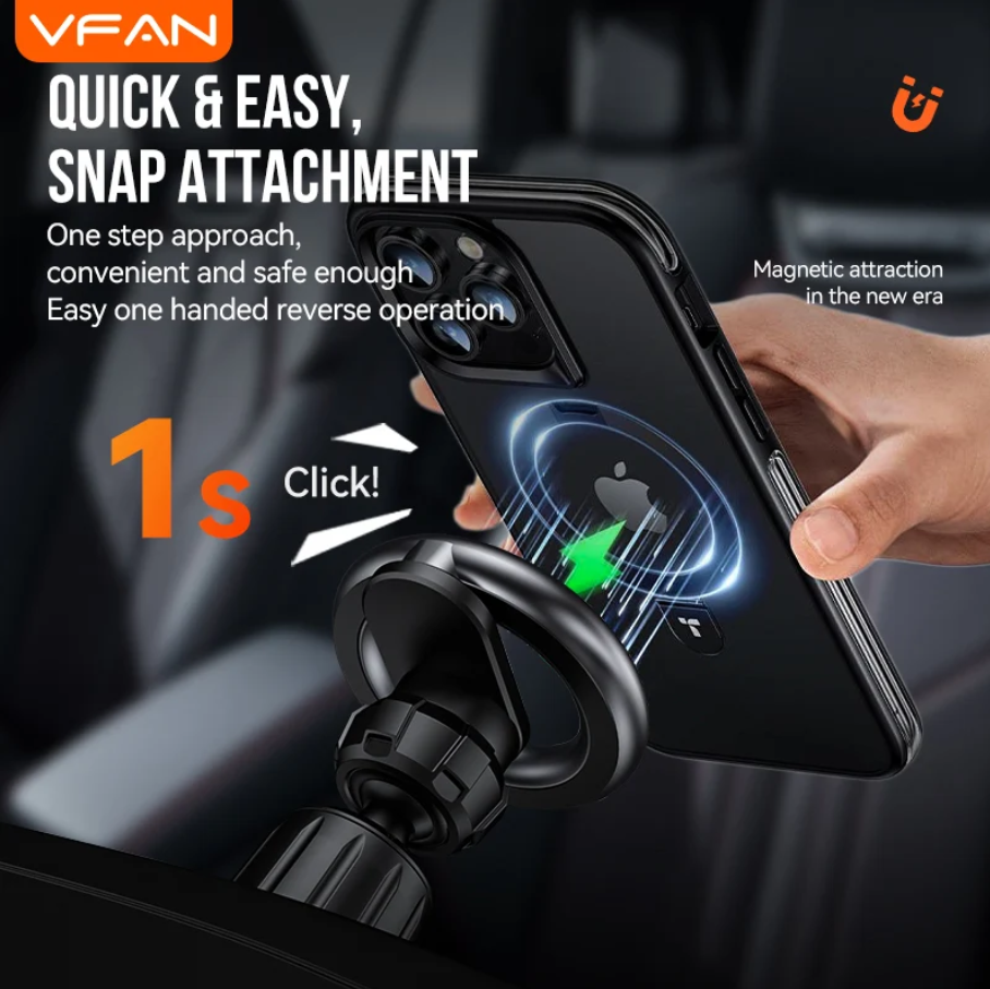 Phone holder with magnetic attachment feature, VFAN branding visible