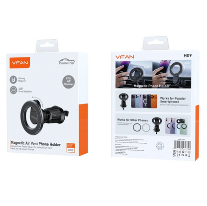 Two views of the VFan PrimeTrip Magnetic Air Vent Phone Holder retail packaging, showing the front and back of the white and orange box on a plain white background.