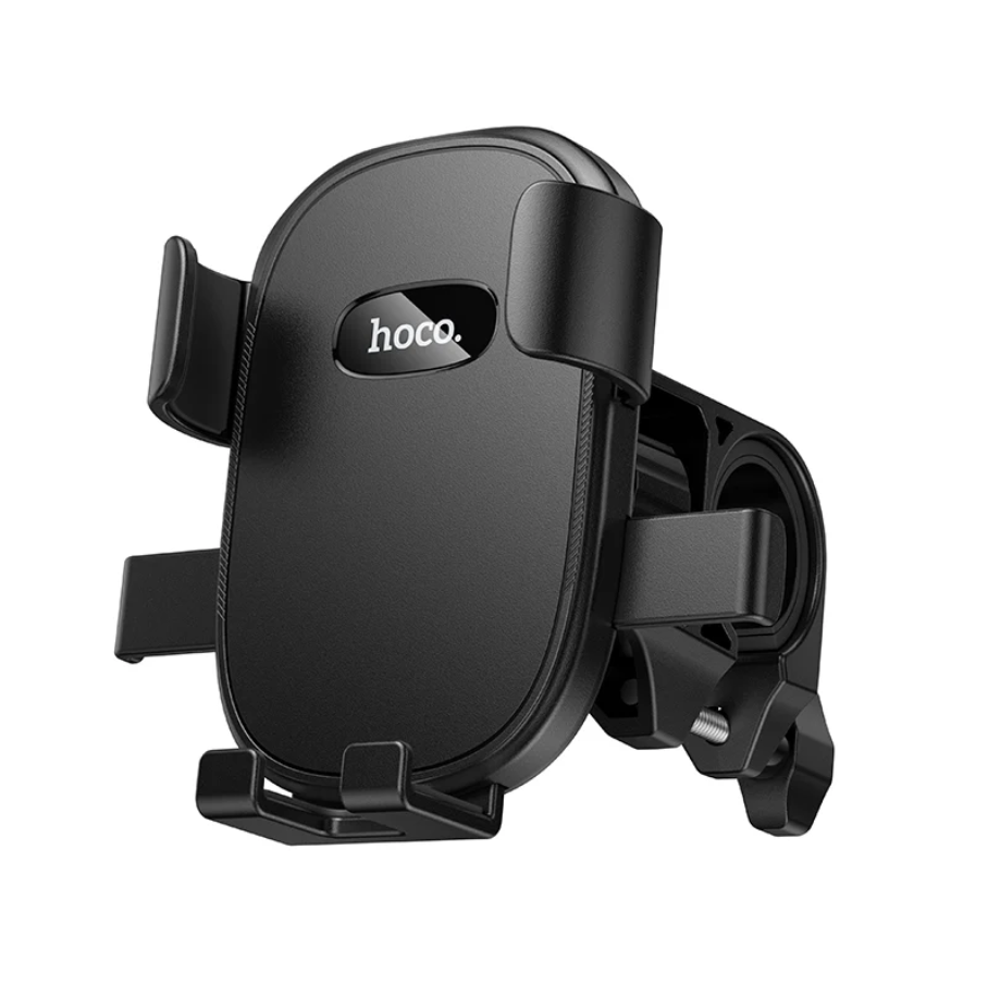 A black Hoco bicycle phone mount with a matte finish, featuring adjustable side clamps and a central logo badge, shown on a solid white background.