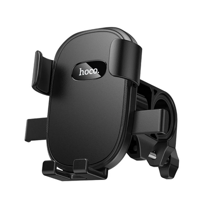 A black Hoco bicycle phone mount with a matte finish, featuring adjustable side clamps and a central logo badge, shown on a solid white background.