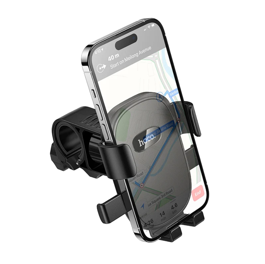 A black bicycle clamp mount holding a smartphone with a navigation screen, shown on a clean white background.