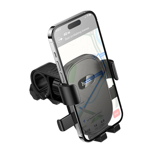 A black bicycle clamp mount holding a smartphone with a navigation screen, shown on a clean white background.
