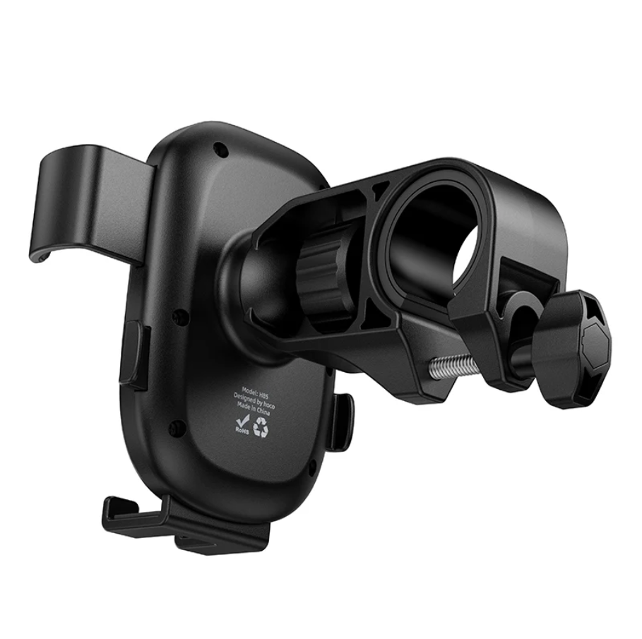 Black bike handlebar mount on a white background