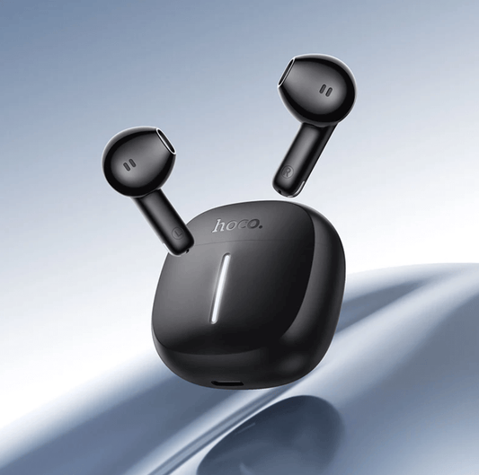 Black wireless earbuds with charging case on a gradient background