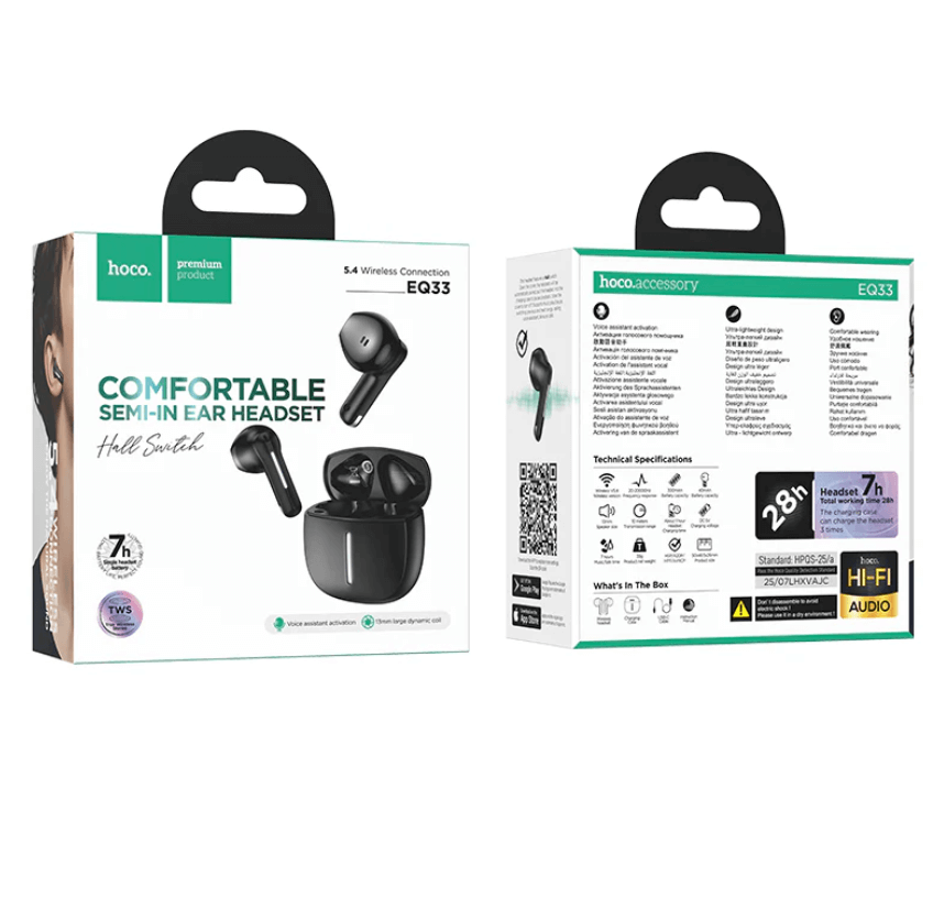Hoco wireless earbuds packaging with product images and text on a white background
