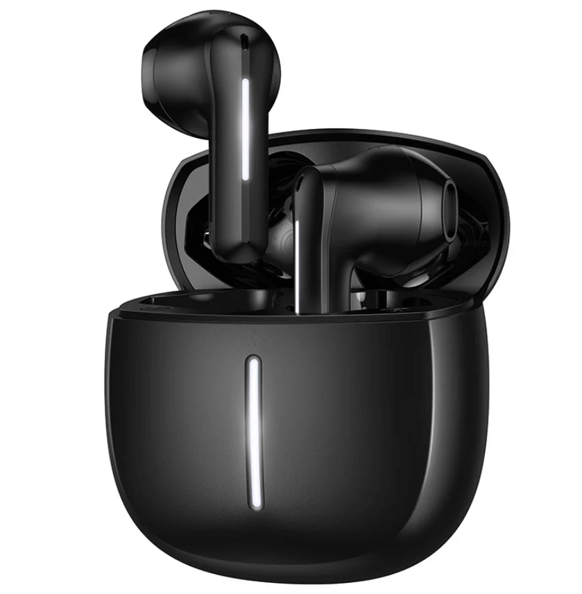 Black wireless earbuds with charging case on a white background