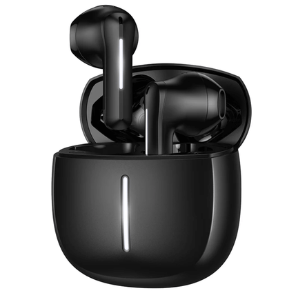 Black wireless earbuds with charging case on a white background
