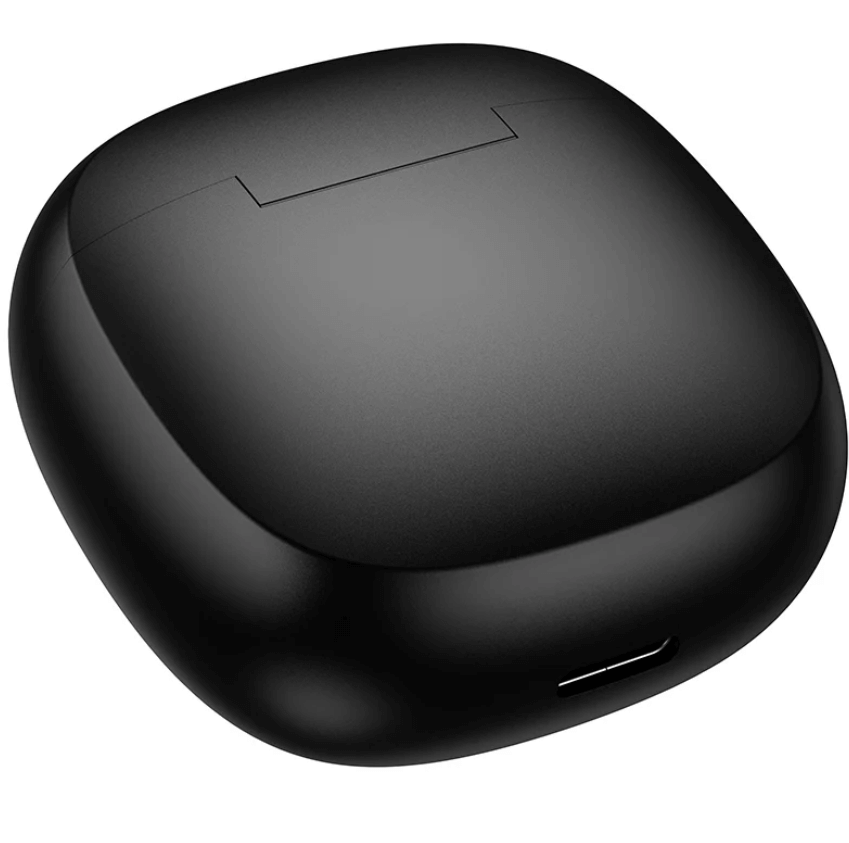 Black wireless earbud case on a white background