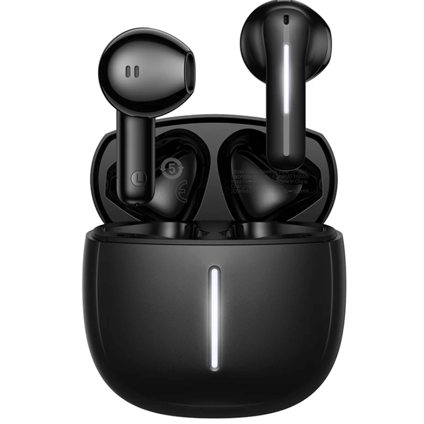 Black wireless earbuds with charging case on a white background