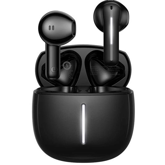 Black wireless earbuds with charging case on a white background