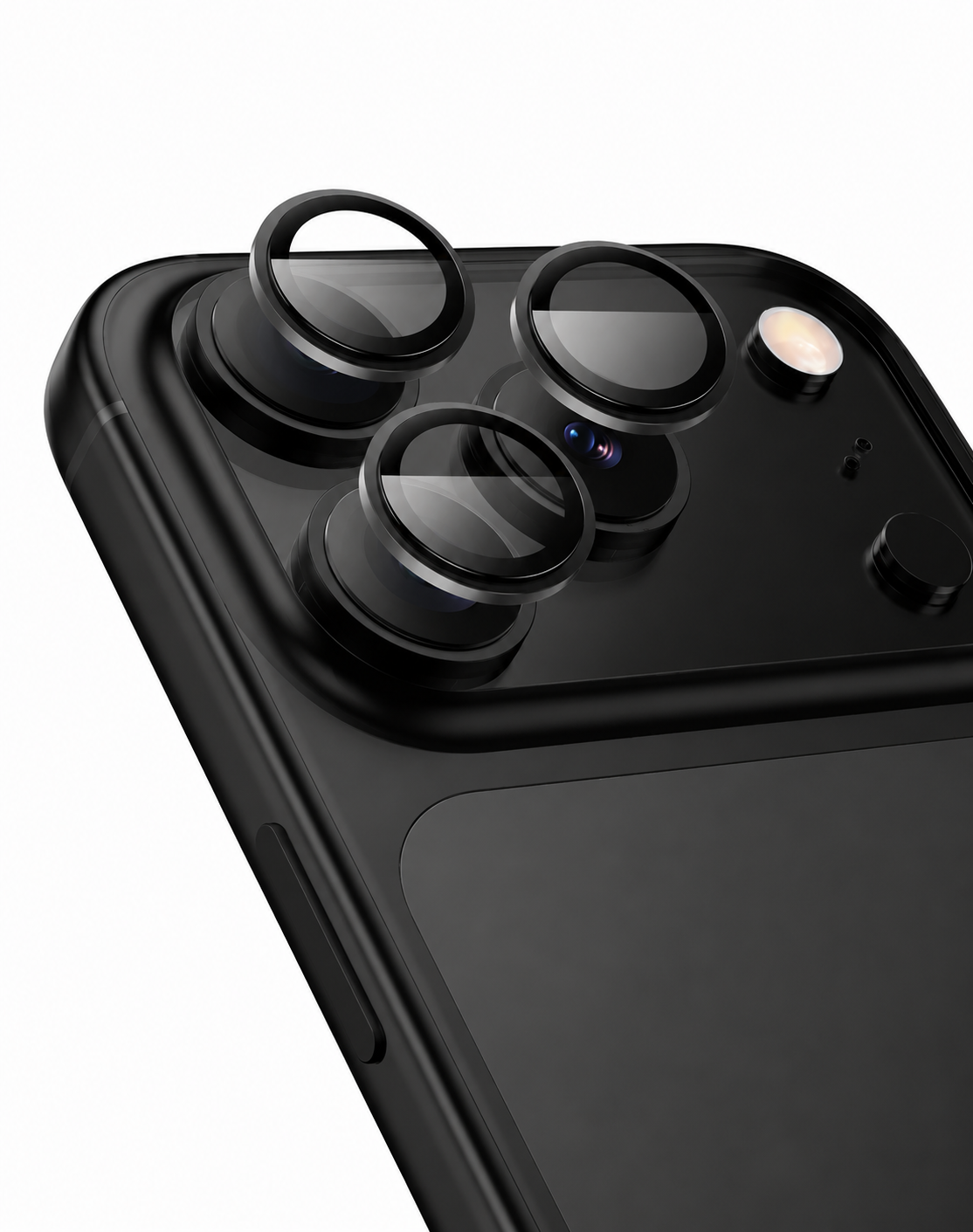 Close-up of a smartphone with additional camera lens attachments on a white background