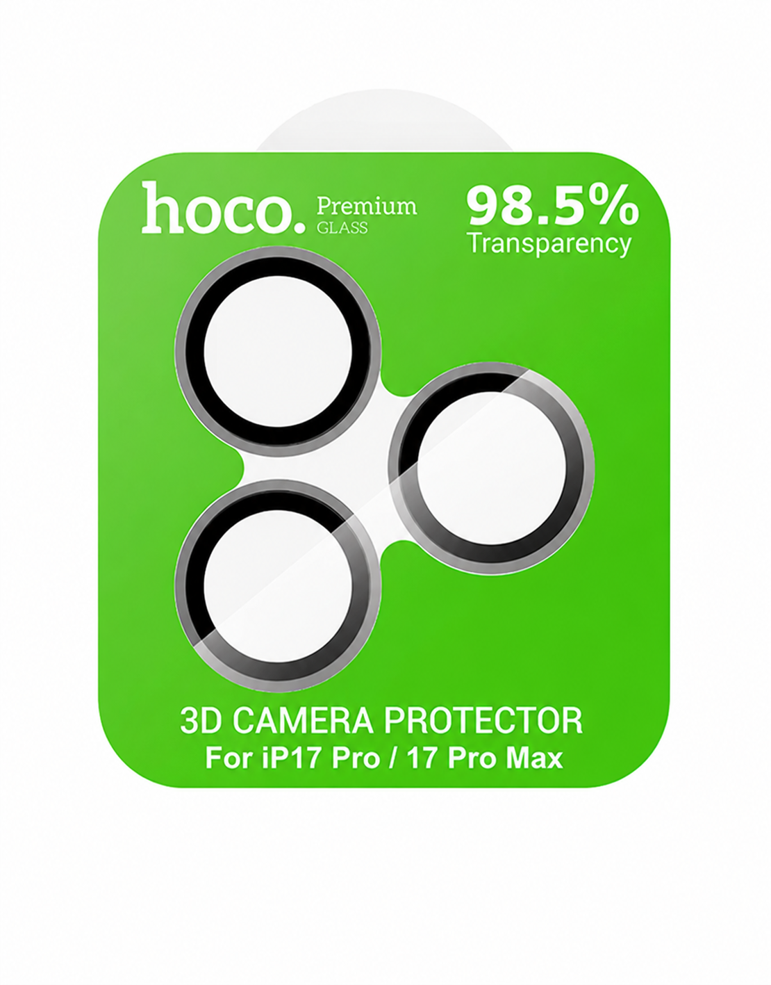 Hoco 3D camera protector packaging with green background