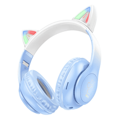 HOCO W42 blue and white Bluetooth cat ear headphones with LED lights