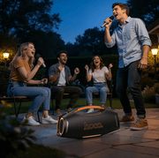 HT4 Pro Bluetooth karaoke party speaker with dynamic LED lighting and two wireless microphones