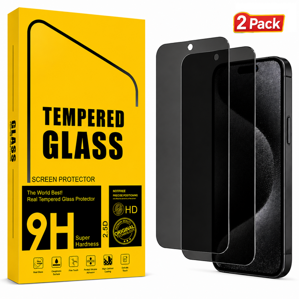 A 2-pack of tempered glass screen protectors shown next to their bright yellow retail packaging. The screen protectors are black with a frosted edge, and the packaging features bold black text on a yellow background.