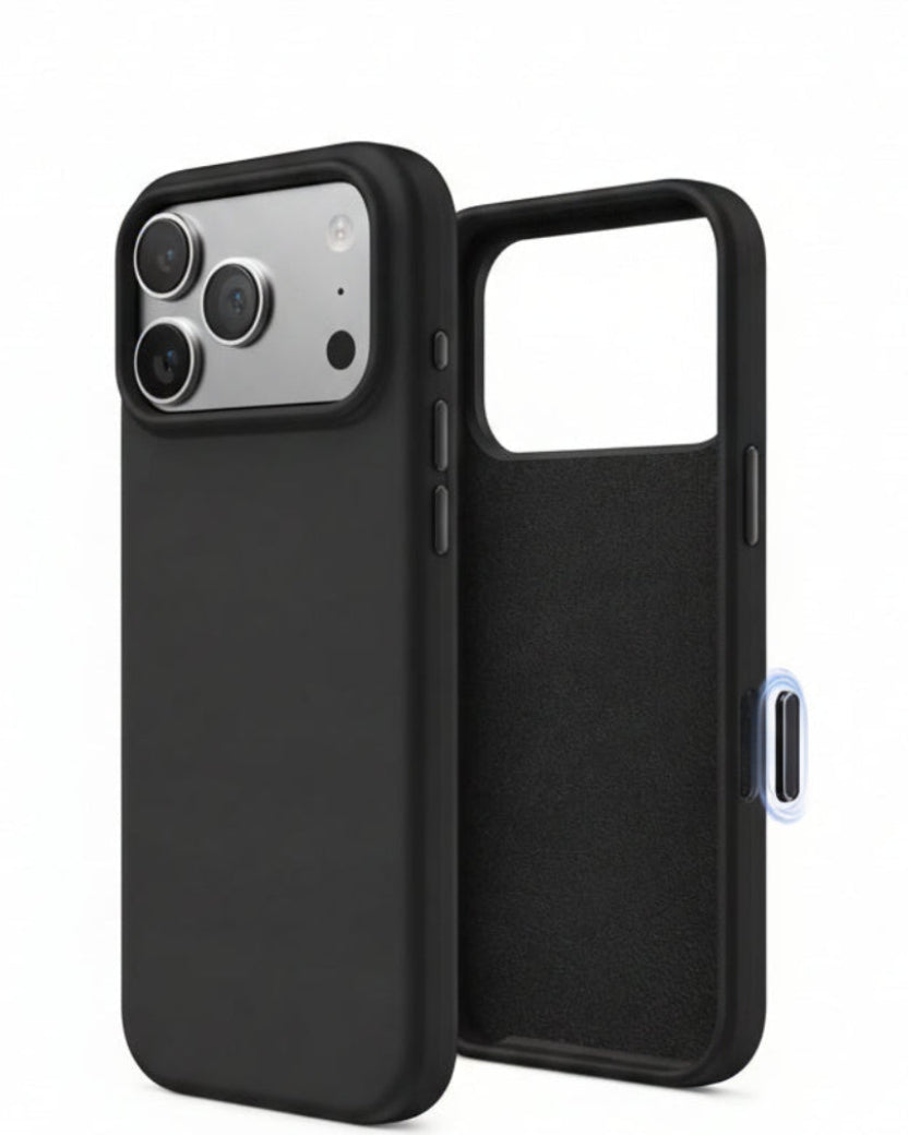 Black phone case with a textured back on a white background