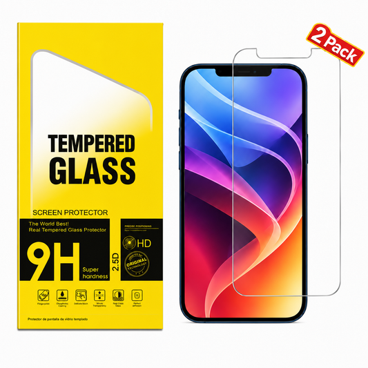 Two tempered glass screen protectors shown as a 2-pack, with one applied to a smartphone and the other beside it, next to its bright yellow retail box labeled 'Tempered Glass' and '2 Pack'.