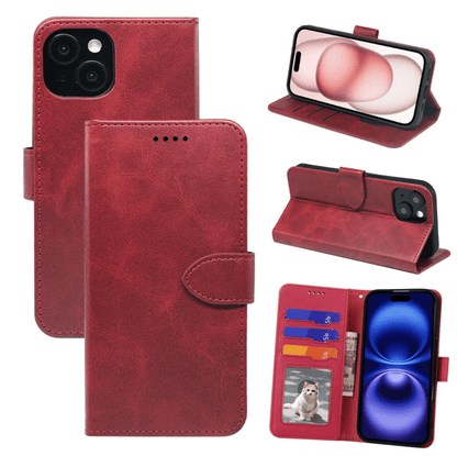Red phone wallet case with multiple views on a white background