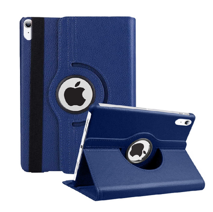 A blue textured leather folio case for an iPad, shown in both closed and open/angled positions to demonstrate its 360-degree rotation and kickstand function. The Apple logo is visible through the circular cutout.