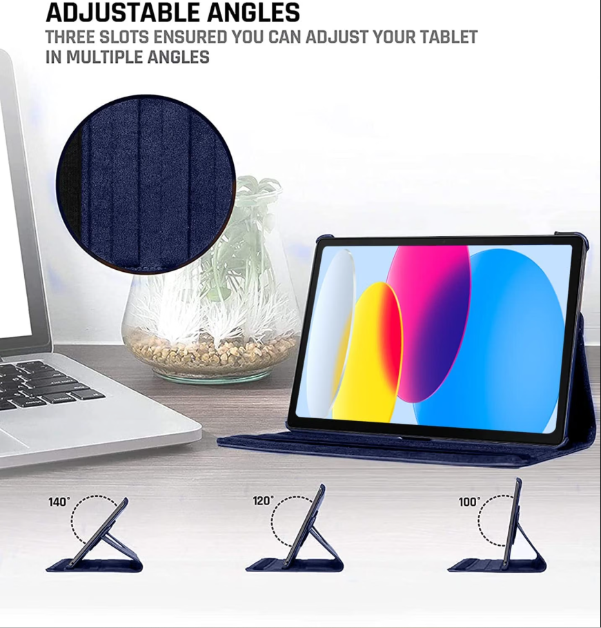 Tablet stand with adjustable angles on a desk next to a laptop