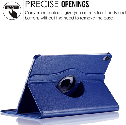 A blue textured leather iPad case shown open in a stand position on a white background, with promotional text at the top reading 'PRECISE OPENINGS' and 'Convenient cutouts give you access to all ports and buttons without the need to remove the case.'.