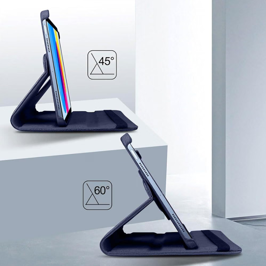 A dark navy tablet case shown in two stand positions on a clean white studio set. The top view shows the tablet at 45 degrees and the bottom view shows it at 60 degrees.