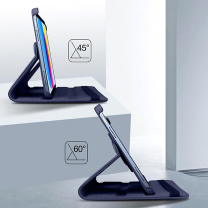 A dark navy tablet case shown in two stand positions on a clean white studio set. The top view shows the tablet at 45 degrees and the bottom view shows it at 60 degrees.