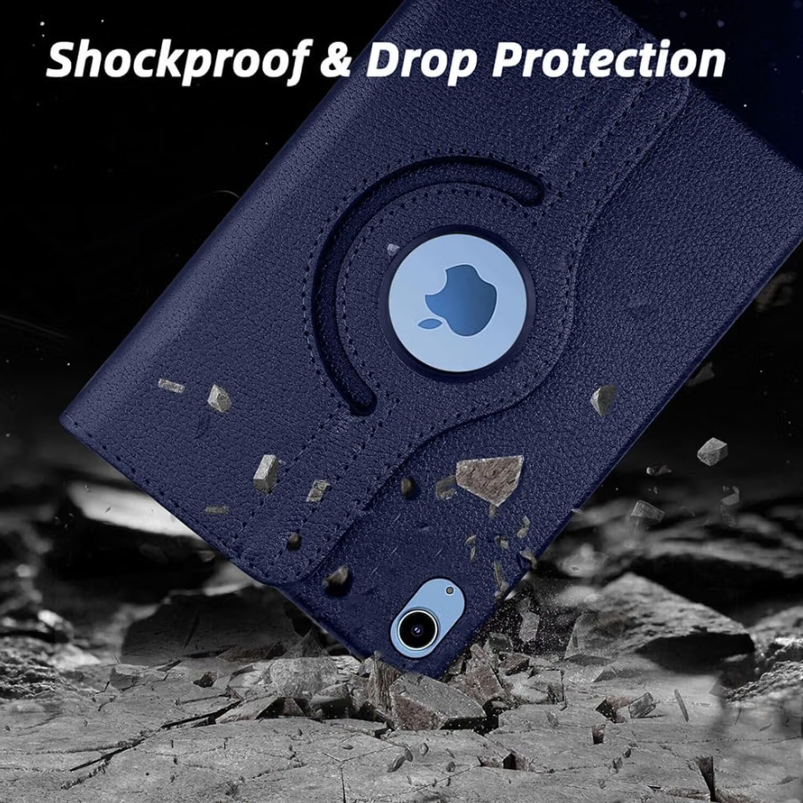 A dark navy blue protective phone case shown at an angle, with a circular cutout revealing a light blue phone insert. The case has a textured leather-like finish and is positioned over a cracked gray surface with debris, under the text 'Shockproof & Drop Protection'.